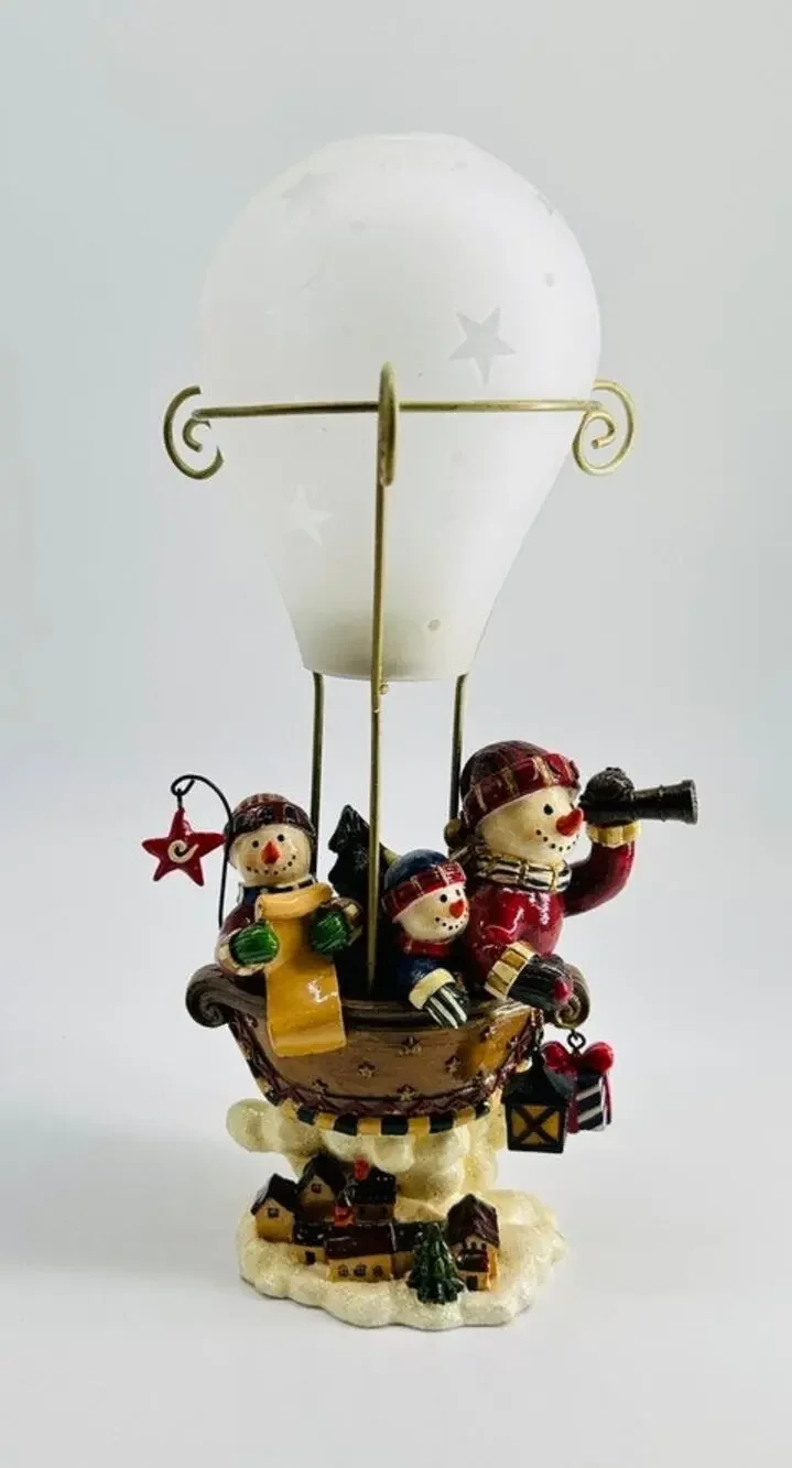 Snowman Family Hot Air Balloon Candle Holder Christmas Resin Glass Luminary